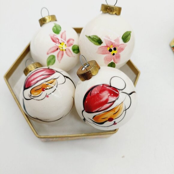 Ceramic Christmas Ornament Round 2" Santa & Floral Set Of 4 White 1991 - Picture 2 of 9